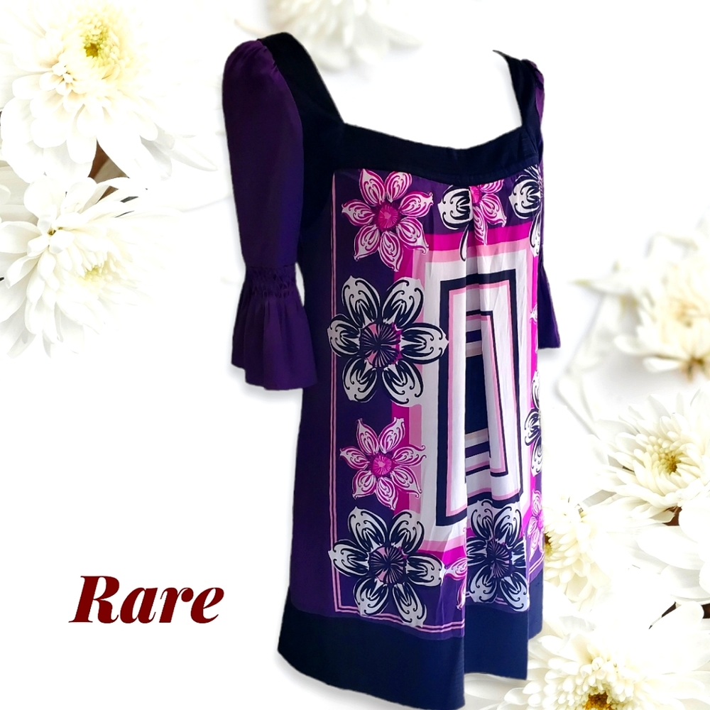2B Bebe Purple Floral Mid Bell Sleeve Tie Back Square Neck Tunic Sz Small